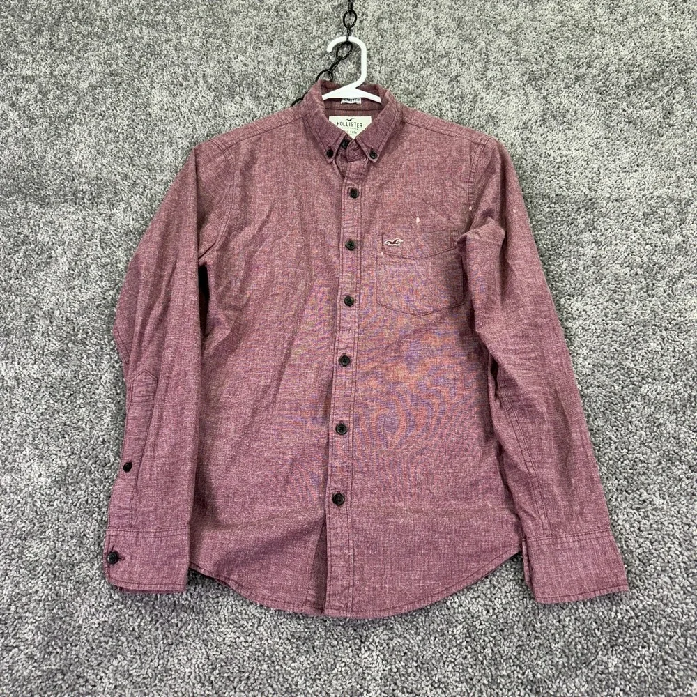 Hollister Shirt Mens XS Red Solid Long Sleeve Button Up Stretch Chambray Casual